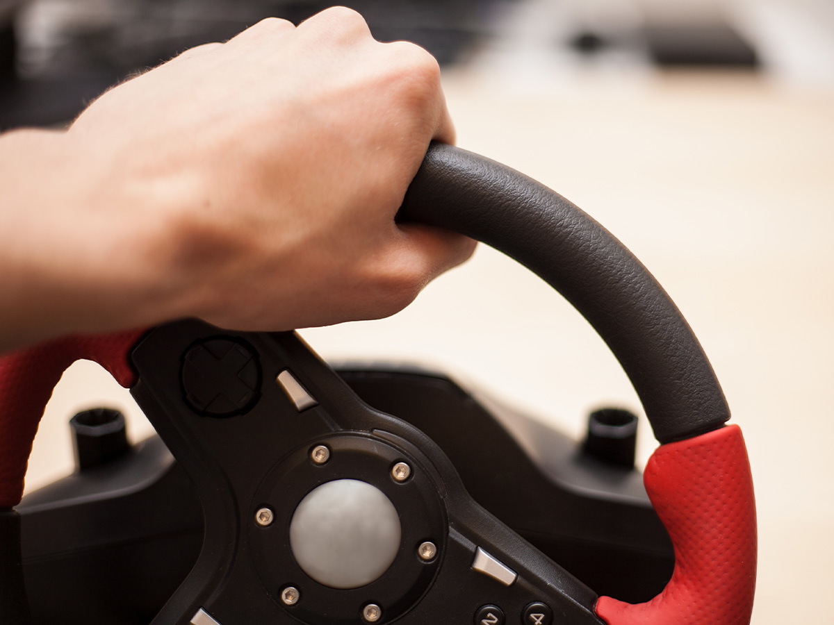Image of someone holding on to a steering wheel used for a racing sim game
